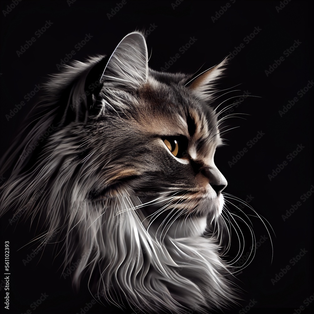Siberian cat breed isolated on a black background. Generative AI