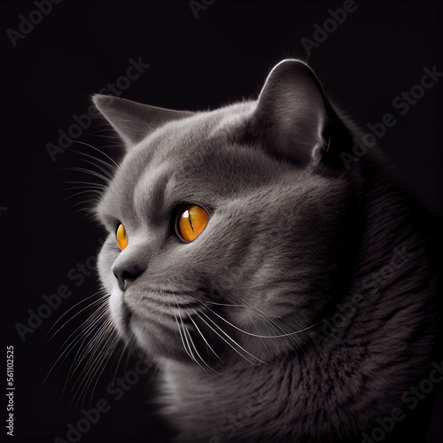 British Shorthair cat breed isolated on a black background. Generative AI