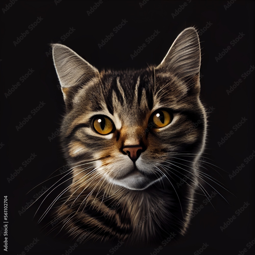 Tabby cat breed isolated on a black background. Generative AI