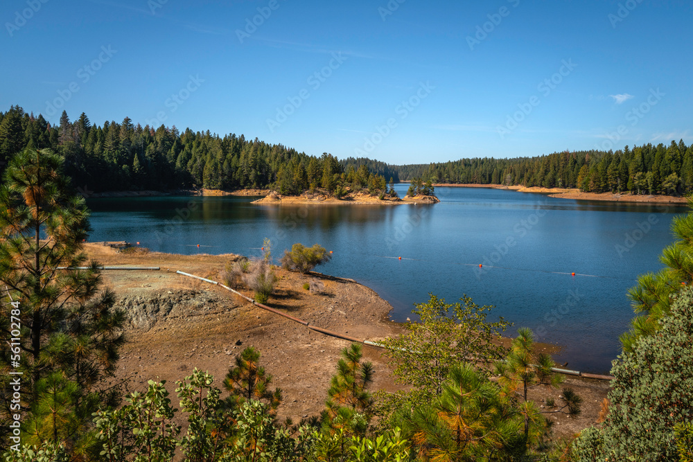 Whiskeytown Lake during drought, a reservoir in Shasta County near Redding in northwestern California, United States, a unit of The Whiskeytown–Shasta–Trinity National Recreation Area