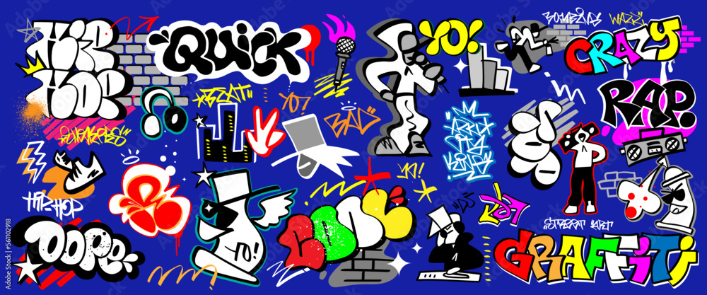 Obraz premium rap music, graffiti street style doodle set, vector cartoons design element 