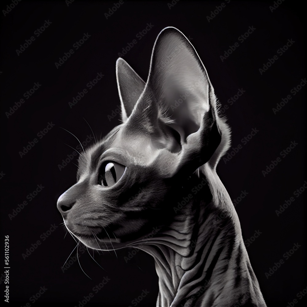 Devon Rex cat breed isolated on a black background. Generative AI