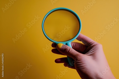 A hand holding the magnify. stock photo 2023, Forecasting, Magnifying Glass, Close-up, Color Image