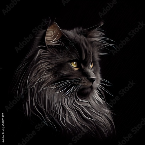 Norwegian Forest Cat cat breed isolated on a black background. Generative AI