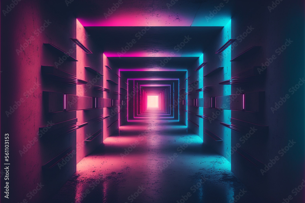  Modern Futuristic Sci-Fi Grunge Empty Tunnel Corridor With Neon Glowing  Purple Blue Pink Red   ,GENERATIVE AI