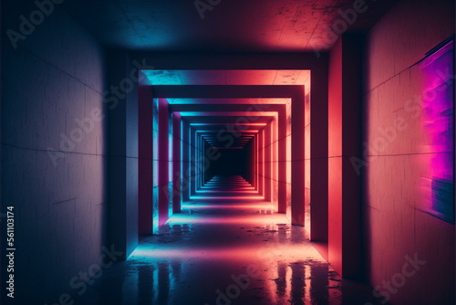  Modern Futuristic Sci-Fi Grunge Empty Tunnel Corridor With Neon Glowing  Purple Blue Pink Red 