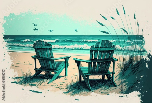 Fotografiet illustration, chairs in the sand of a beach, image generated by AI