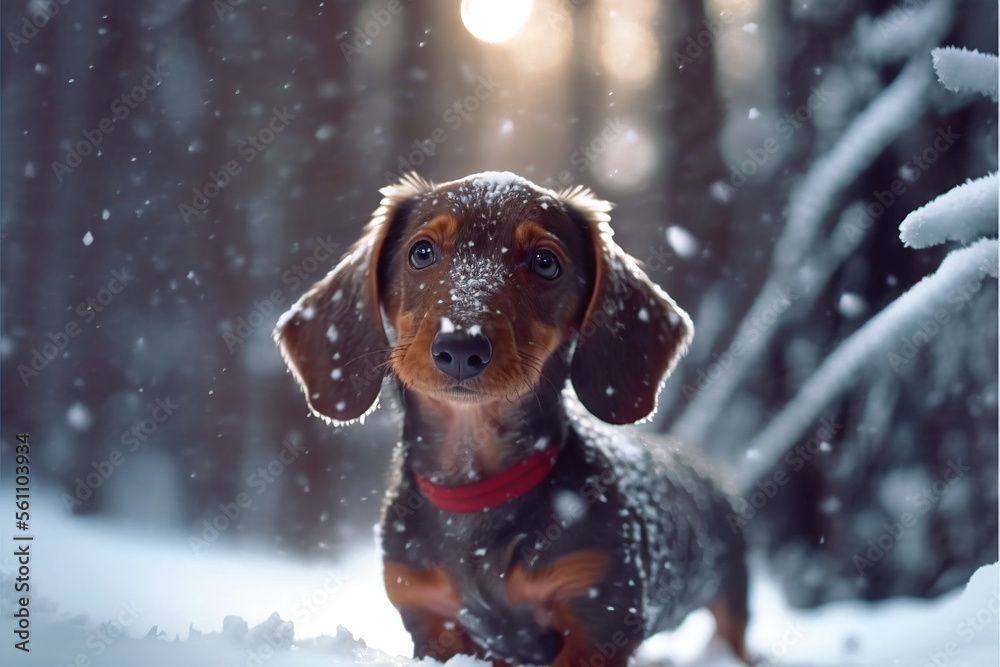 Dachshund puppy in snowy forest, Generative AI