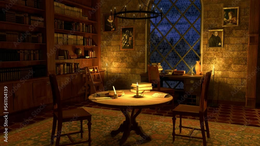 Cozy medieval style library at night in candle lights. Seamless loop