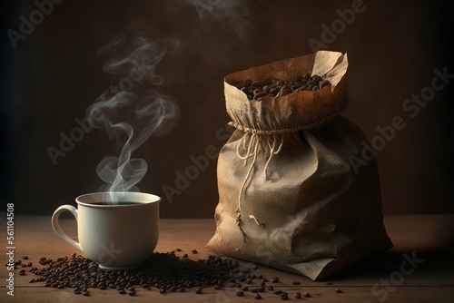 Coffee cup, white, coffee beans, smoke, wood floor, bag of coffee beans