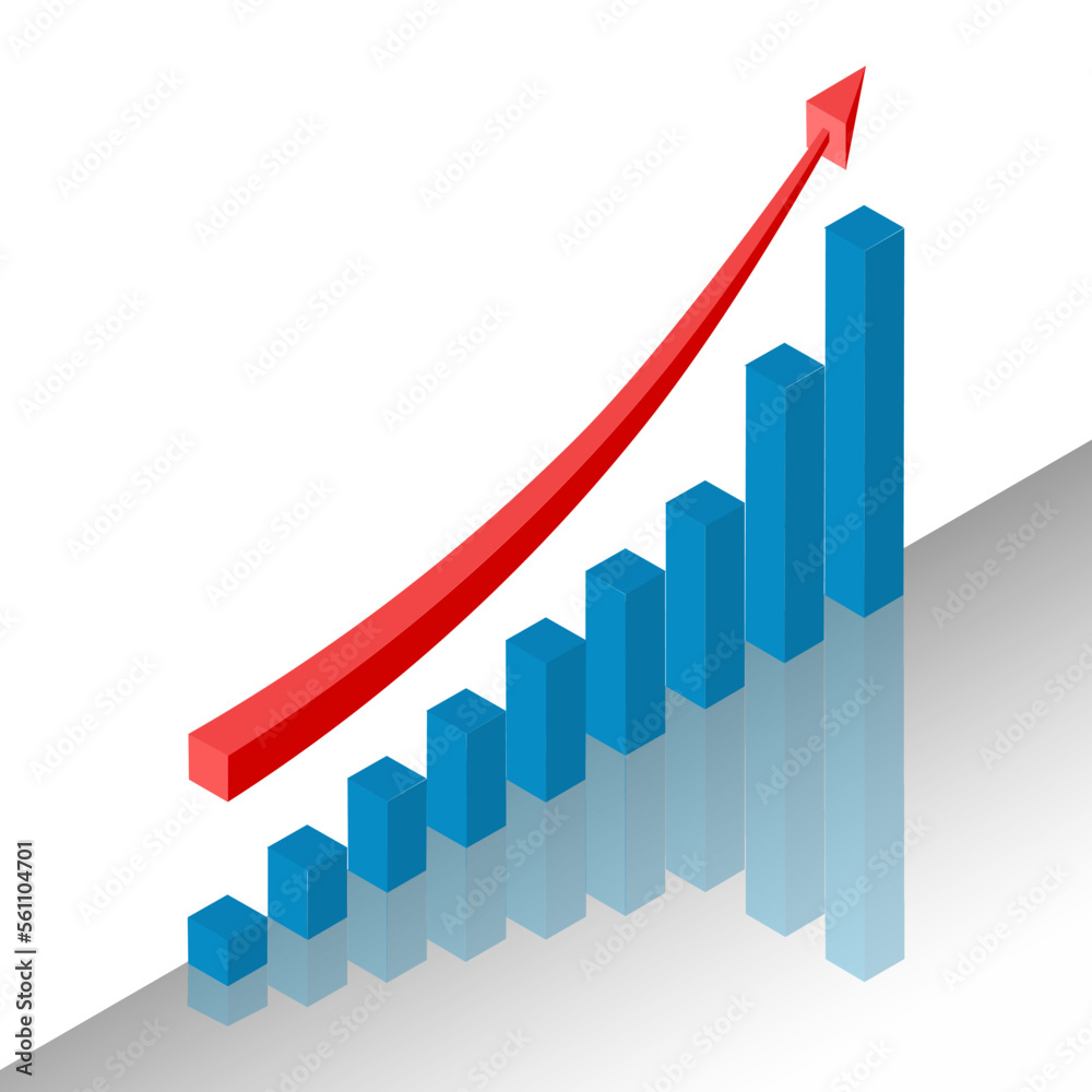 Bar chart of 7 growing columns. Graph bar growing up and red arrow moving up. Success achievement or goal business motivation. Vector illustration isolated on white background. Bar chart of 7 growing columns. Graph bar growing up and red arrow moving up. Success achievement or goal business motivation. Vector illustration isolated on white background.