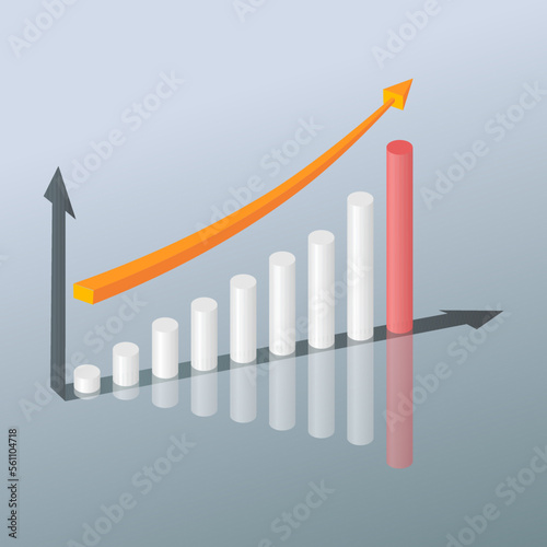 Bar chart of 7 growing columns. Graph bar growing up and red arrow moving up. Success achievement or goal business motivation. Vector illustration isolated on white background.