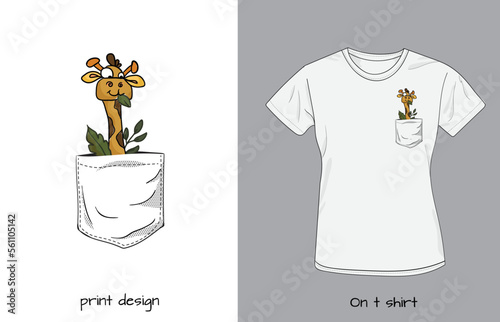 Baby giraffe in my pocket. Design for printing on a children's t-shirt