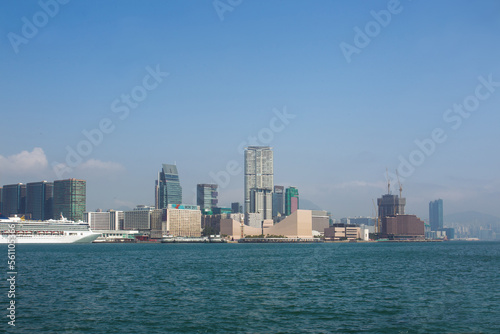 Panorama of Kowloon waterfront and Victoria Bay and cruise ship  possibly in Macau 