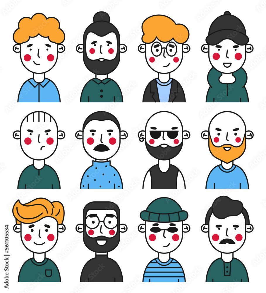 People avatar. A set of male avatars for social networks, apps and websites. Guys and men with different hairstyles and emotions. Colorful flat icons with outlines People avatar. A set of male avatars for social networks, apps and websites. Guys and men with different hairstyles and emotions. Colorful flat icons with outlines