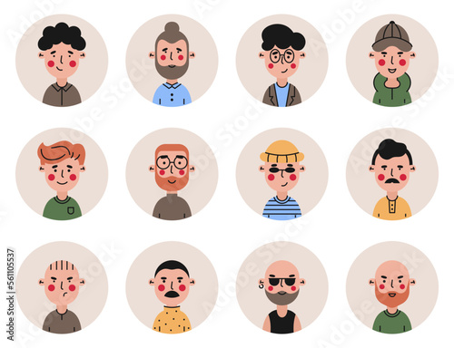 People avatar. A set of male avatars for the user's profile on the website and app. Multicolored icons of people in a modern style