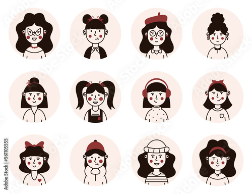 People avatar. A set of female avatars for social networks, apps and websites. Portraits of girls with different emotions and hairstyles. Modern design avatar icons.