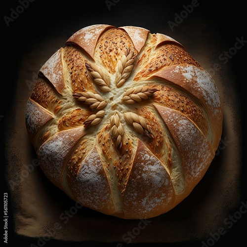 Top View Of Fresh Round Of Bread With Grain On Top