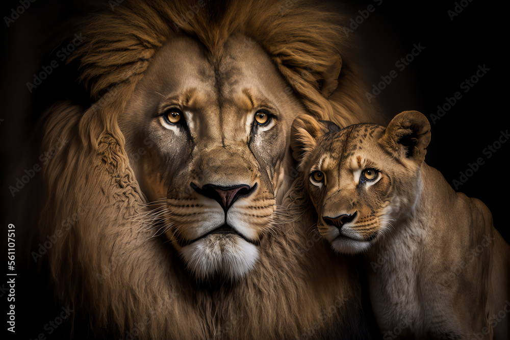 Portrait of a Male Lion with Baby Lion Cub, King of the Jungle, Generative AI Portrait of a Male Lion with Baby Lion Cub, King of the Jungle, Generative AI
