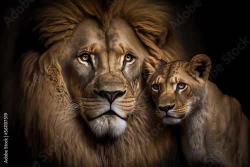 Valokuvatapetti Portrait of a Male Lion with Baby Lion Cub, King of the Jungle, Generative AI