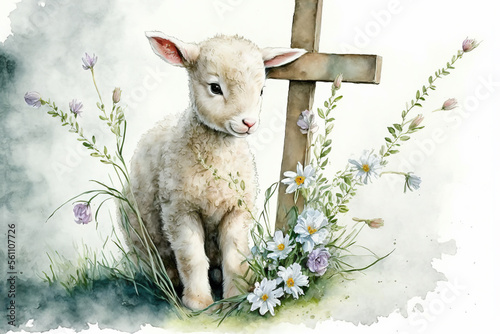 Easter lamb with cross and flowers watercolor, Generative AI