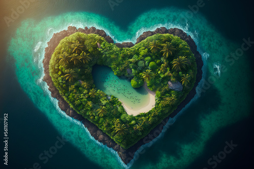 heart shaped green island in the middle of the ocean, generative ai