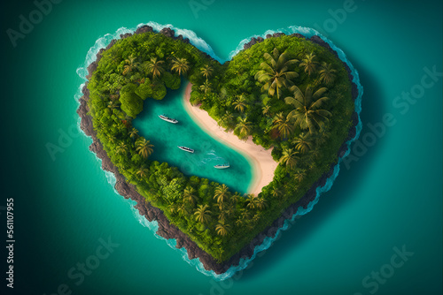 heart shaped green island in the middle of the ocean, generative ai
