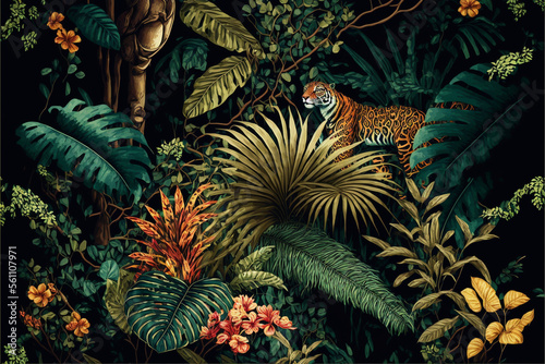tropical forest background, animals, tropical plants and flowers, ai