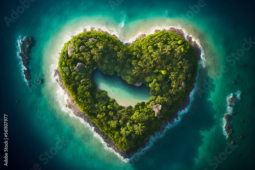 Heart shaped green island in the middle of the ocean, generative ai © Lukas Juszczak