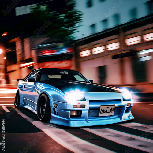 Japanese car in street rally. Motion Blur effect. Jdm culture. Sport car in city street