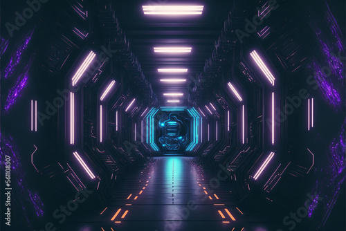 Futuristic Metal Structure Tunnel Corridor  Purple Blue Glowing  Dark Spaceship    GENERATIVE AI
