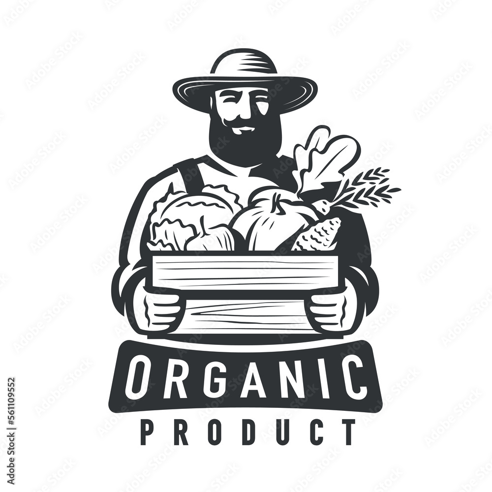 Farmer holding wooden box with vegetables. Agriculture, farming logo or badge. Healthy organic natural farm food, emblem