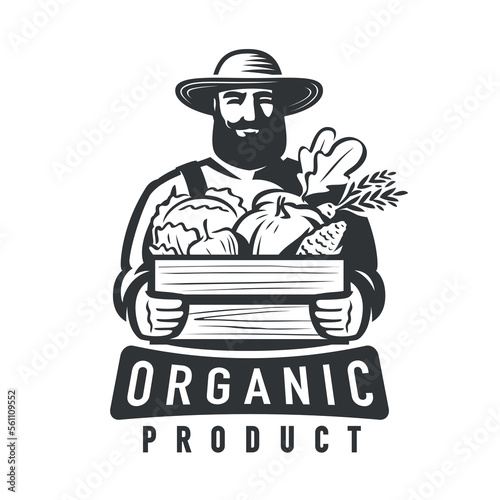 Farmer holding wooden box with vegetables. Agriculture, farming logo or badge. Healthy organic natural farm food, emblem