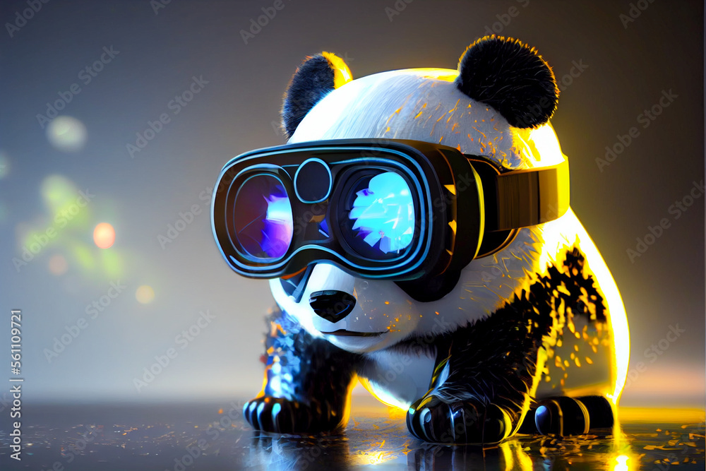 3d panda character style nft collection with VR goggles immersed