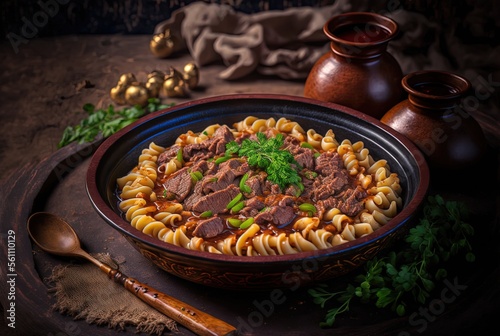close up illustration of  Kazakh Beshbarmak (Boiled meat with noodles)