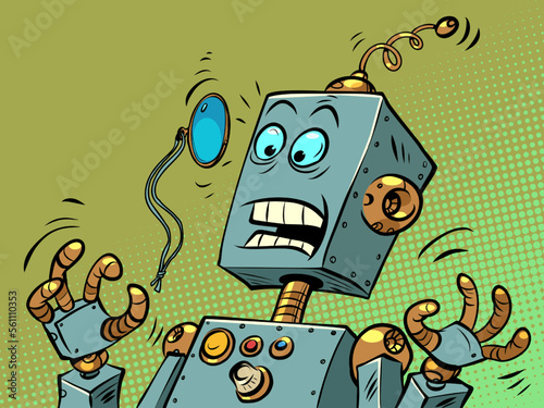 A surprised robot with a monocle. News human emotions. Face Glasses