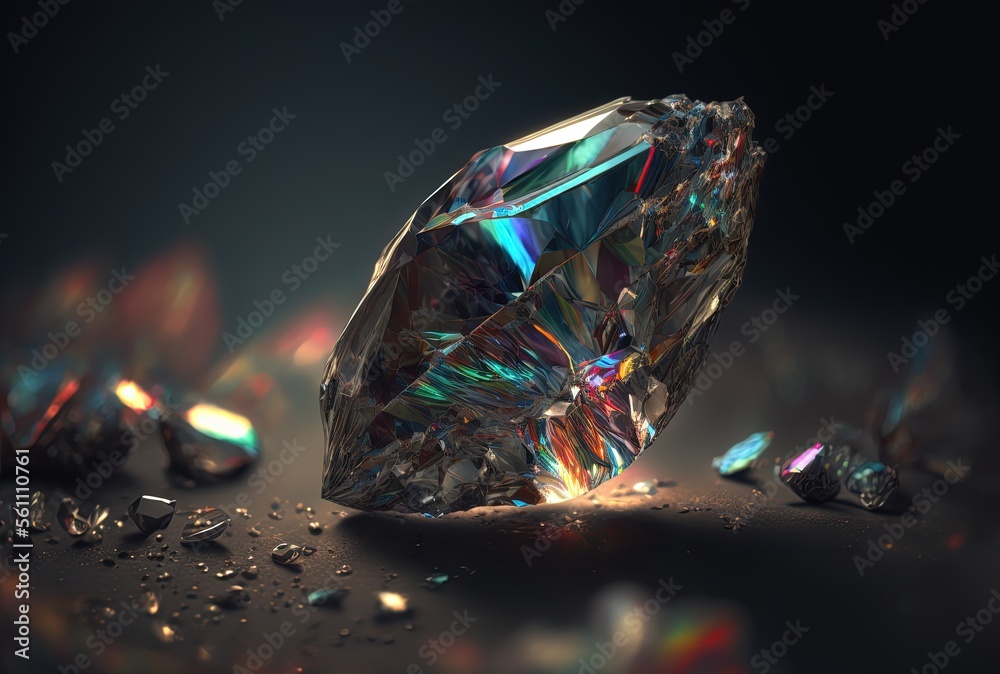 illustration of transparent crystal, diamond like gemstone reflection on light glow with rainbow spectrum shine