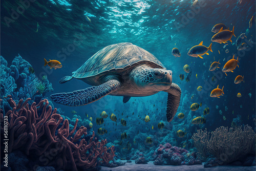 Fototapeta Big turtle swimming in tropical waters
