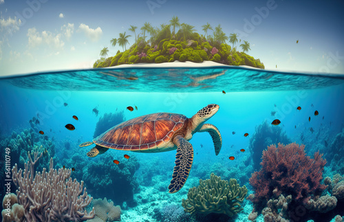 Sea turtle swimming with tropical island in background