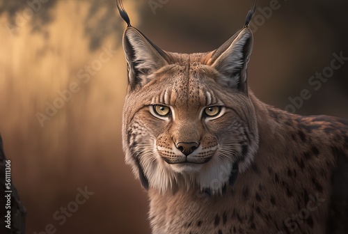 Illustration of a big Iberian Lynx in national park in summer time with blur meadow background
