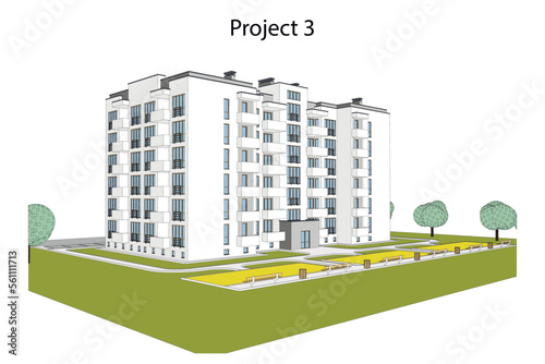 Vector architectural project of a multistory building with a parking space and landscape design