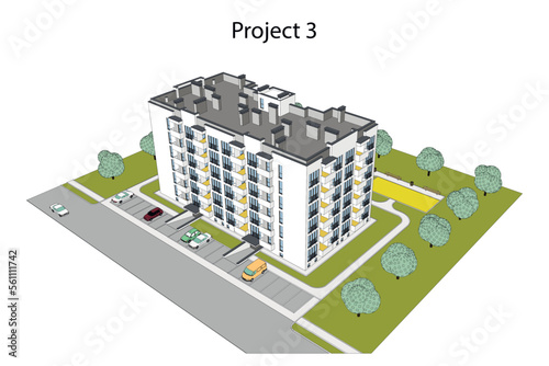 Vector architectural project of a multistory building with a parking space and landscape design