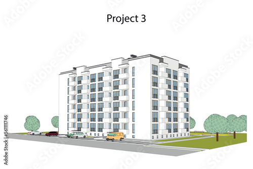 Vector architectural project of a multistory building with a parking space and landscape design