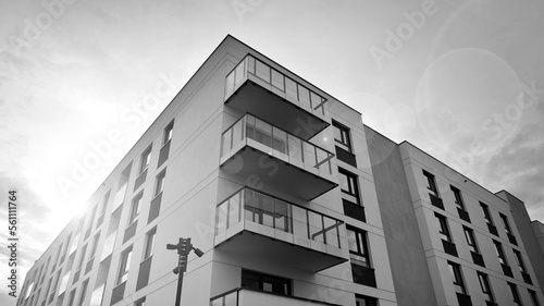 Apartments in residential complex. Housing structure at modern house. Architecture for property investment. and architecture details. Urban abstract - windows of apartment building. Black and white.