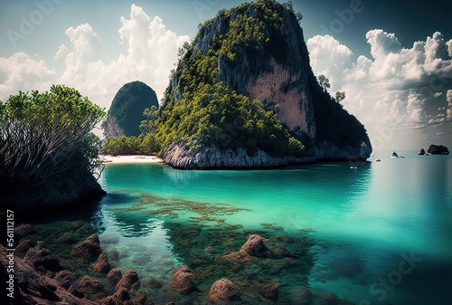 cinematic light style illustration of beautiful island paradise seascape inspired from Ko Nang Yuan  Surat Thani