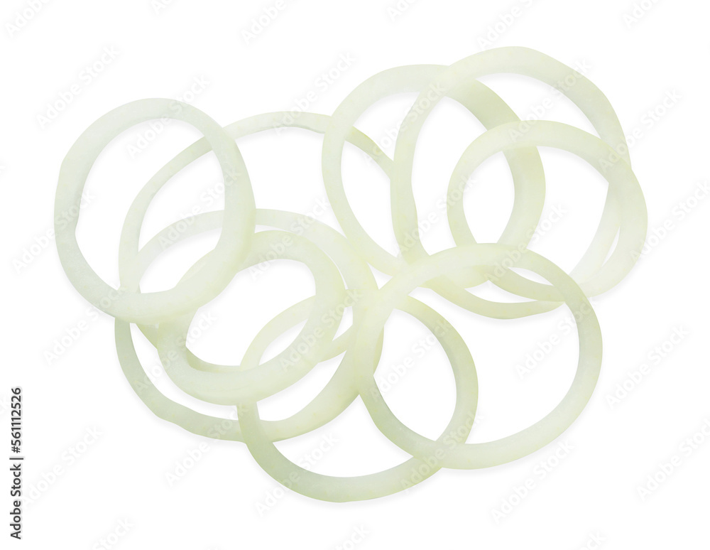 Fresh ripe onion rings on white background, top view Fresh ripe onion rings on white background, top view