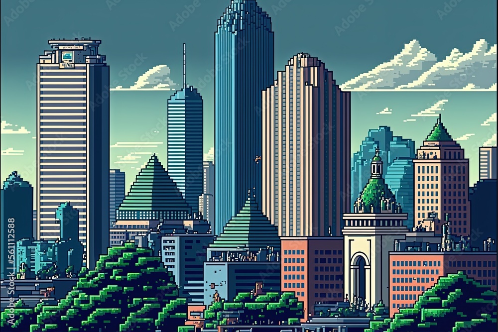 Pixel art city landscape with with buildings, houses, streets, trees ...