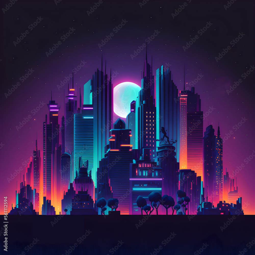 Vivid Night Cityscape Illustration. Flat Retro 80s Skyscrappers. Cyber futuristic Design. Generative AI