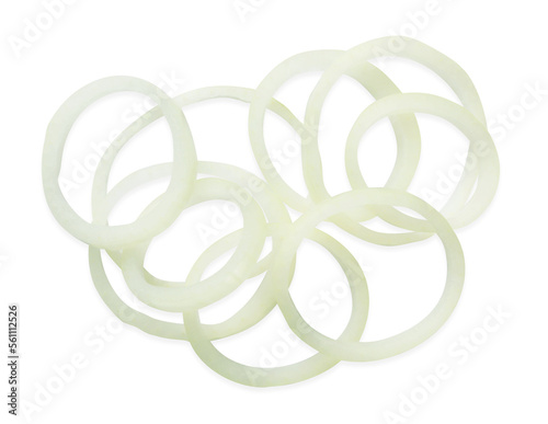 Fresh ripe onion rings on white background, top view