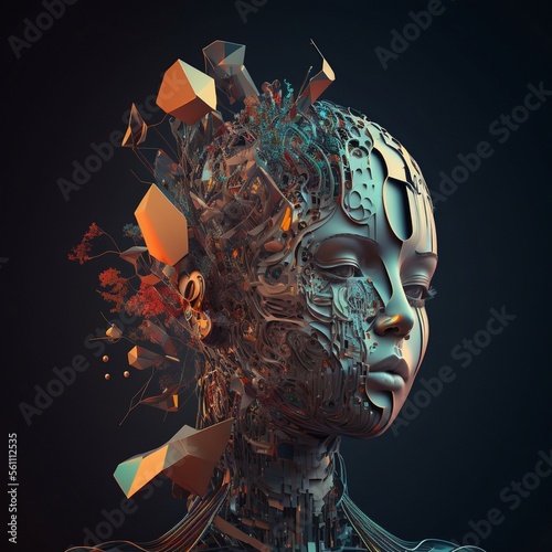 Futuristic woman with machine parts on her face, a women robot illustration. generative Ai